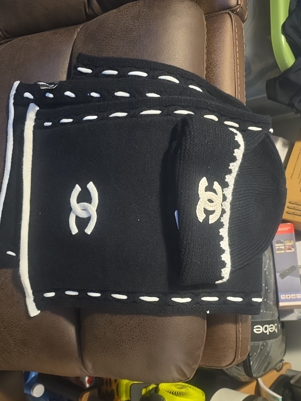 Black & White Knit Beanie and Scarf Set - Luxury Logo Style